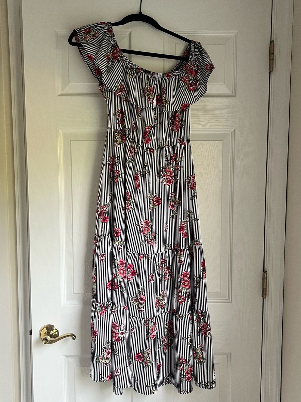 Floral Stripe Off-Shoulder Maxi Dress - Black & White with Pink Flowers